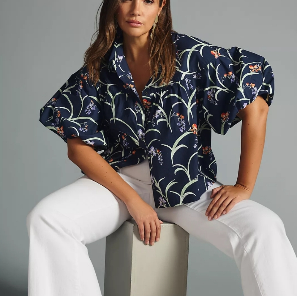 Anthropologie Maeve The Zooey Floral Bubble Sleeve Button Down Blouse Navy Large